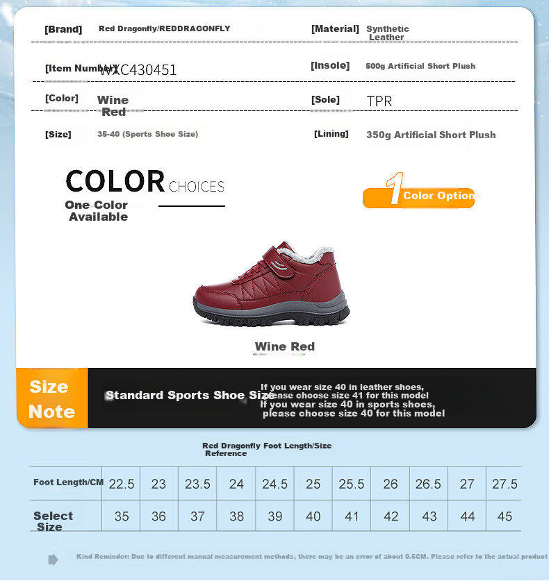 RED DRAGONFLY Women's Winter Fleece Lined Warm Elderly Shoes Thickened Fur Cotton Boots Middle-aged and Elderly Mom Cotton Shoes WXC430451 5