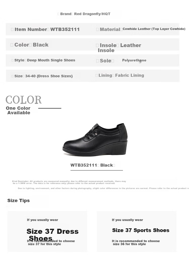 Red Dragonfly Women's Small Leather Shoes Autumn Cowhide Breathable Flats Versatile Soft Sole Work Shoes WTB352111 Black Size 39 6
