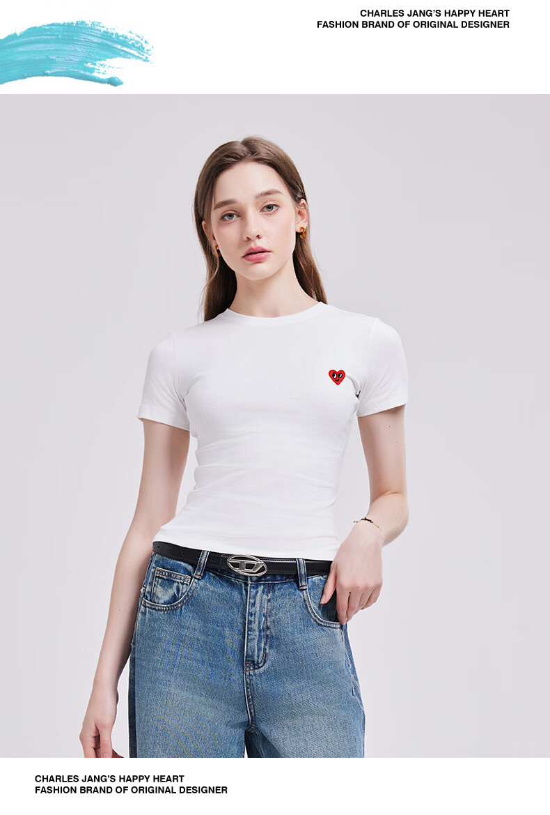Charles Peach Heart [Wang Churan Same Style] Summer New Short Sleeve T-Shirt Women's Slim Fit Waist White XXF 14