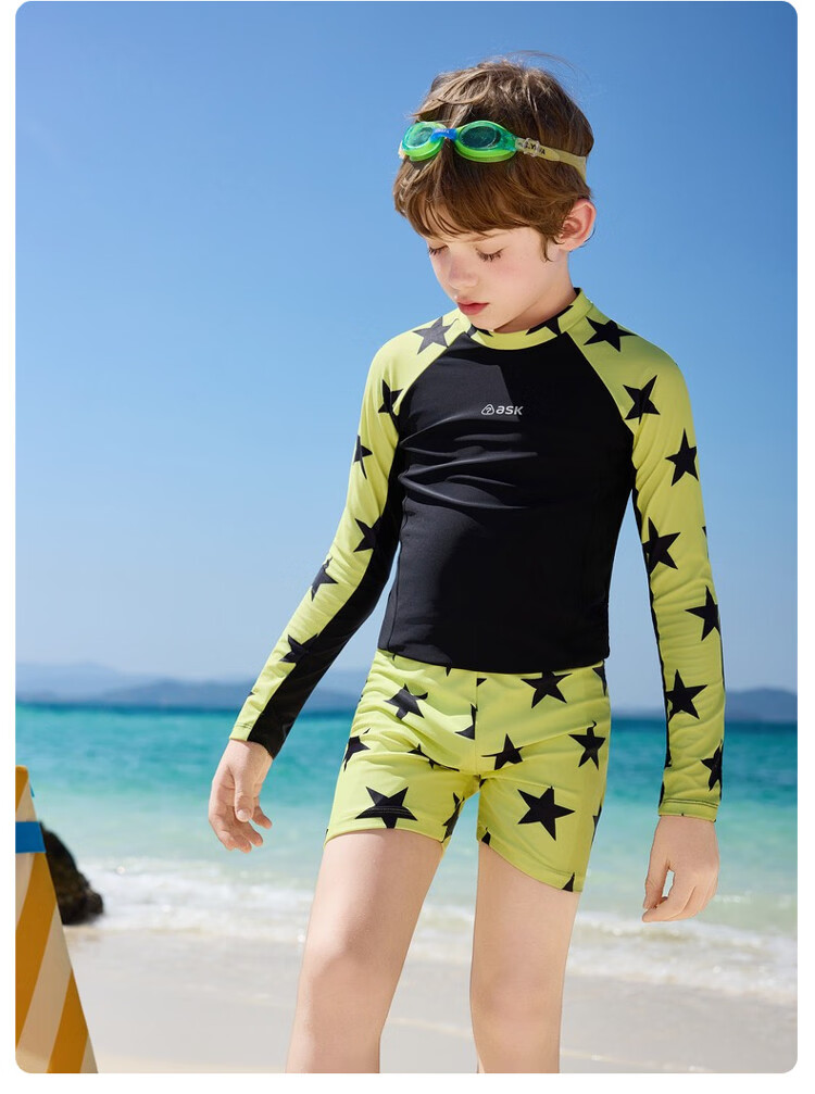 ASK JUNIOR 【Sun Protection and Chlorine Resistant】Children's Long Sleeve Swimsuit with Swim Cap, Two-Piece Boys' Training Set with Separate Shorts for Older Kids 11
