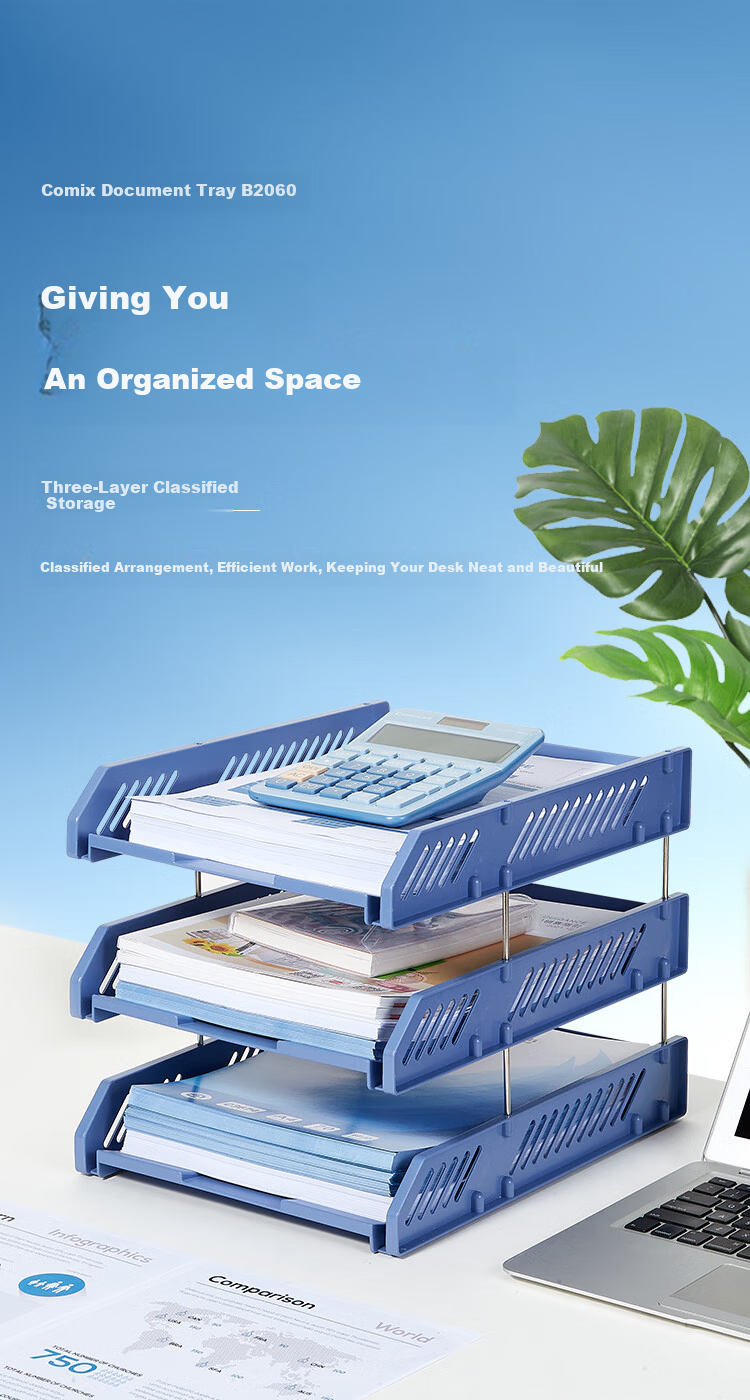 COMIX Three-Layer Hollow Storage File Holder Detachable Assembly File Tray/File Frame/File Rack Durable Office Supplies Blue EB709/B2060 1