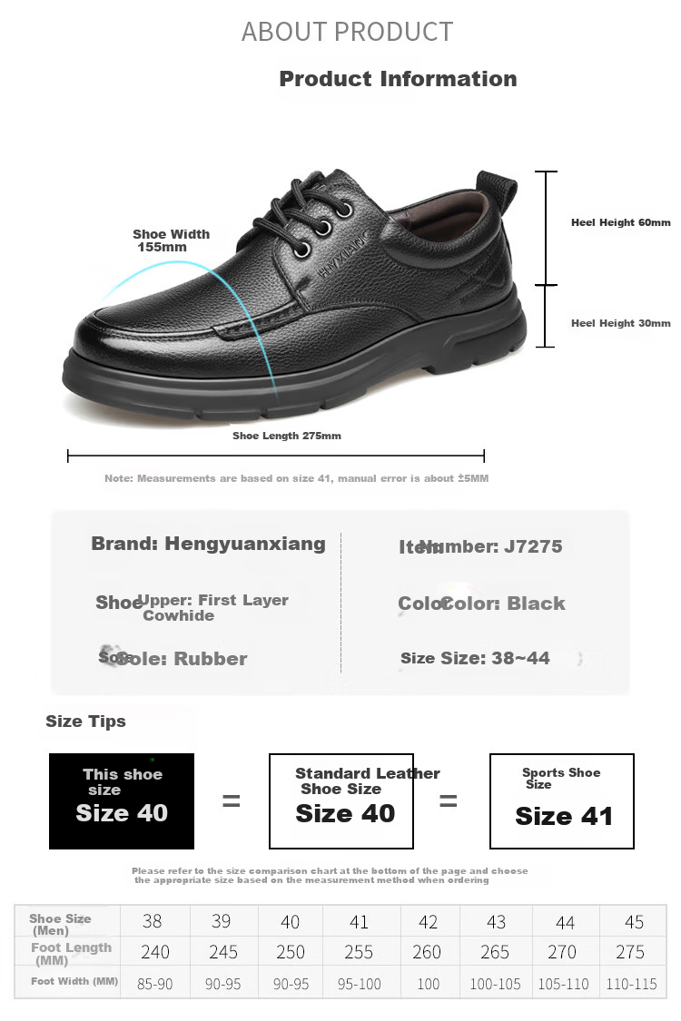 Hengyuanxiang Men's Slip-On Business Casual Lace-Up Breathable Driving Loafers J7275 Black 39 5