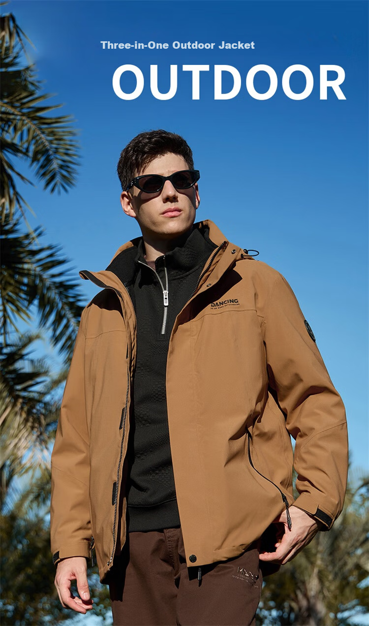 DANCING WOLVES [3-In] Detachable Inner Lining Outdoor Hiking Fleece Inner Lining Men's Windbreaker, 210 Olive Green, Size 170 2