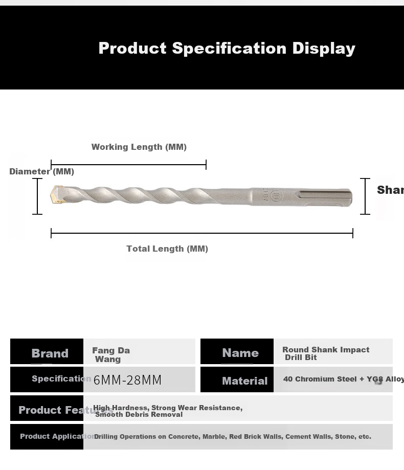 Fang Da Wang Round Handle Two-Groove Two-Slot Electric Hammer Drill Bit 10x160mm Set of 10 Concrete Cement Rock Rebar Electric Hammer Drill Bits 6