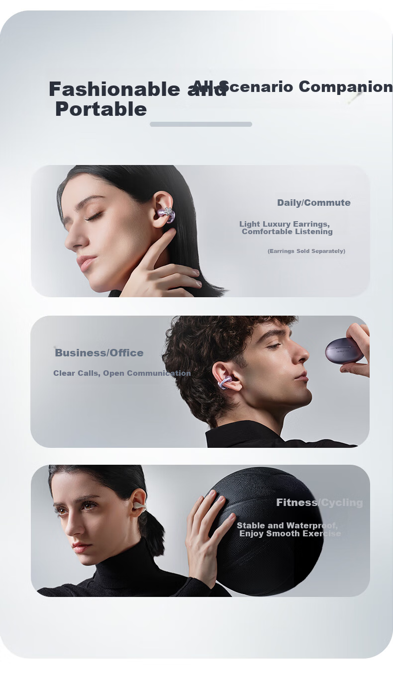 DOUBLE TUNE [Latest Model 2025] Pebble C1 DT Sports Gaming Ear Clip Wireless Bluetooth Headphones, Open-Ear Design Suitable for Apple And Huawei, Silk White 18