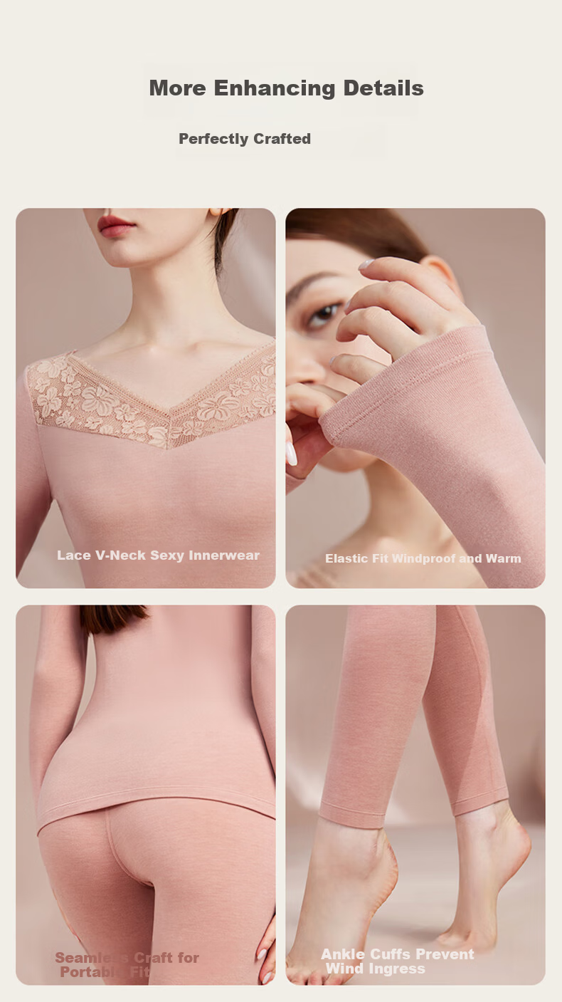Qiulu Women's Thermal Underwear Autumn Winter Base Layer Comfortable Slim Fit V-Neck Top and Bottom Set Lotus Pink M 13