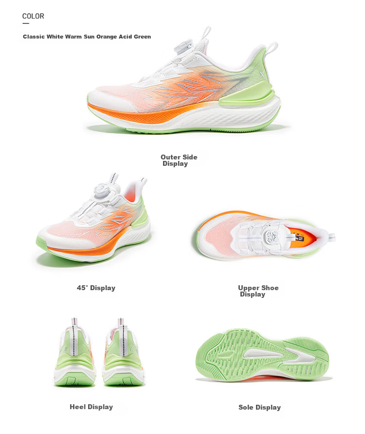 XTEP Youth Rapid Boys' Technology Lightweight High Rebound Sports Running Shoes Classic White/Warm Orange/Acid Green Size 38 38