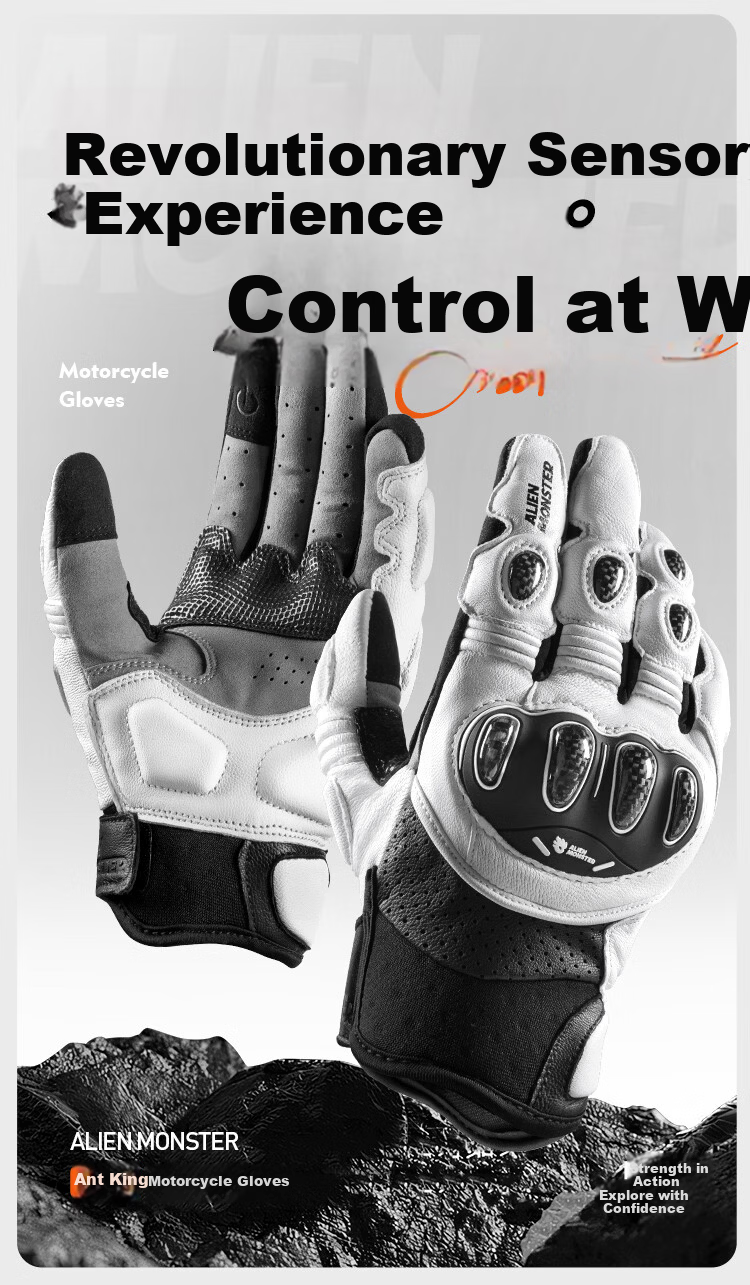 Alien Monster Ant King Motorcycle Gloves Carbon Fiber Anti-Fall Breathable Genuine Leather Riding Windproof Motorbike Gear Four Seasons Langxun White M 2