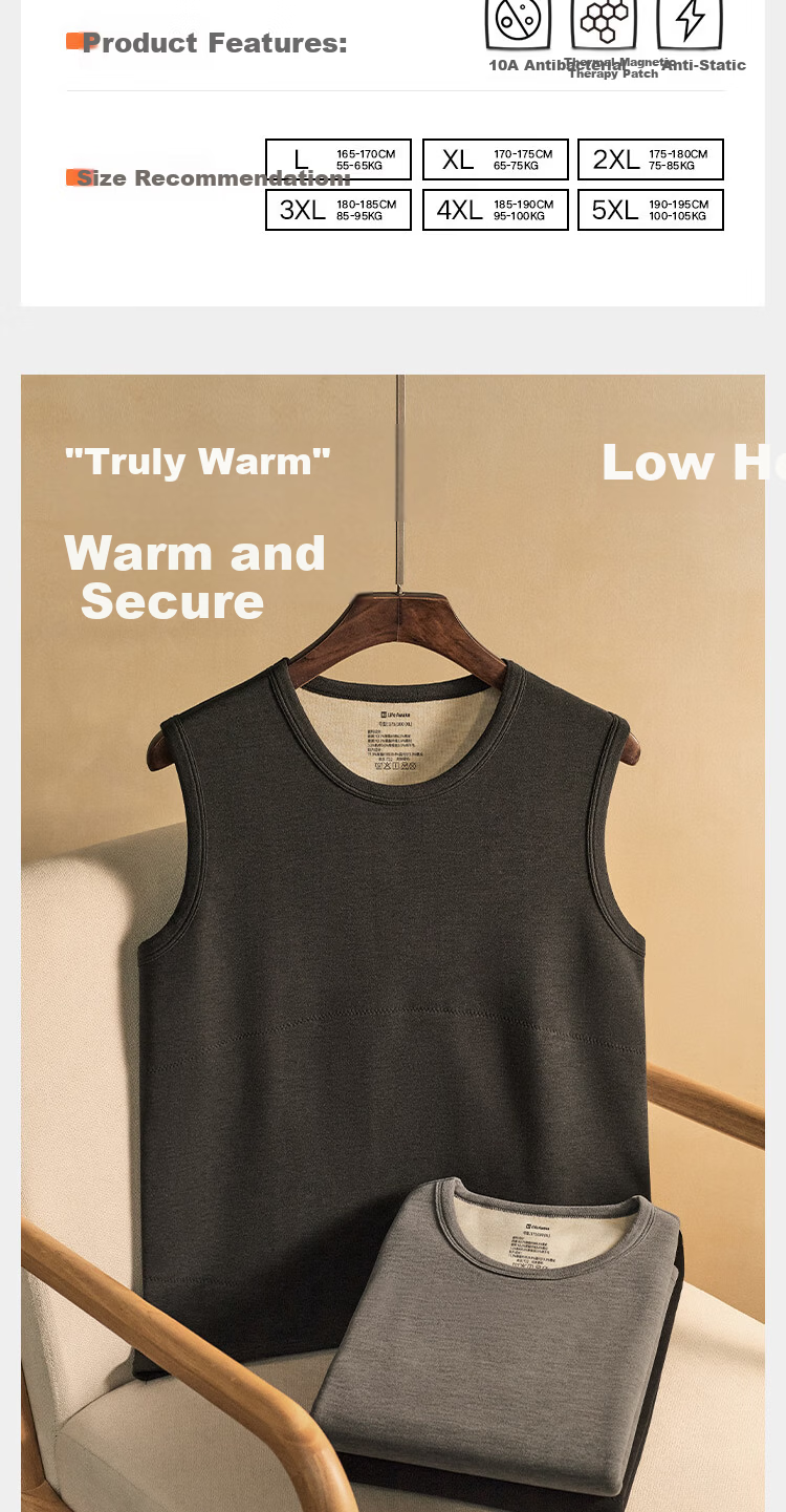 HLA [Little Fire-Max8] Men's Thermal Vest Koala Fleece 360g Antibacterial Heating Patch Warm Shirt Vest 2
