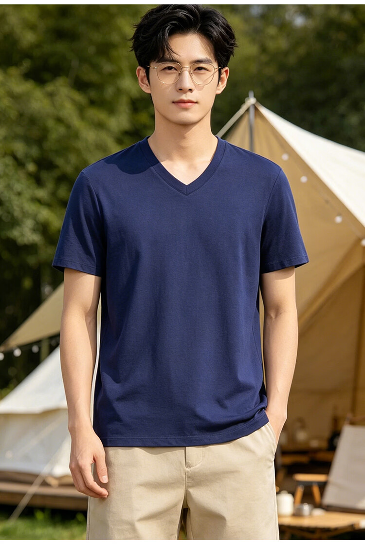 Miiow Men's Heavyweight V-Neck Modal Cotton Short Sleeve T-Shirt High-End Business Breathable Versatile Commuter Casual Base Shirt 17