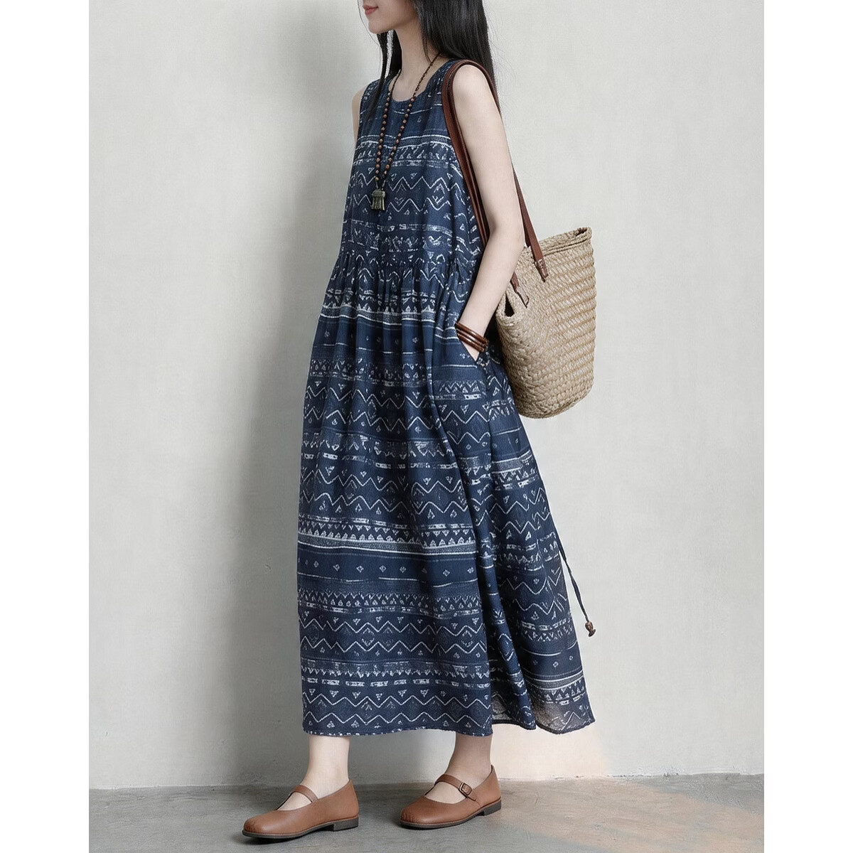 Demana [Artistic Forest Girl] Summer Ethnic Style Printed Round Neck Sleeveless Drawstring Slim Fit Dress for Women Premium Quality