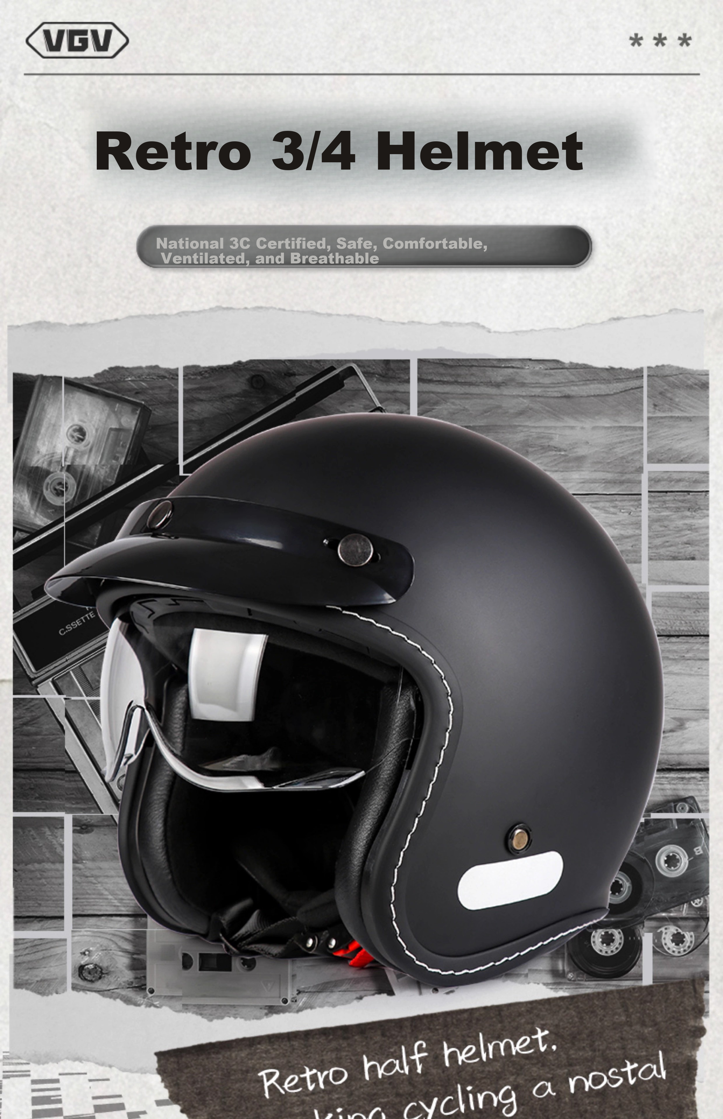 VGV 3C Certified Motorcycle Helmet Unisex Half Helmet Summer Bluetooth Retro Motorbike 4/3 Helmet Pearl White XXL 1