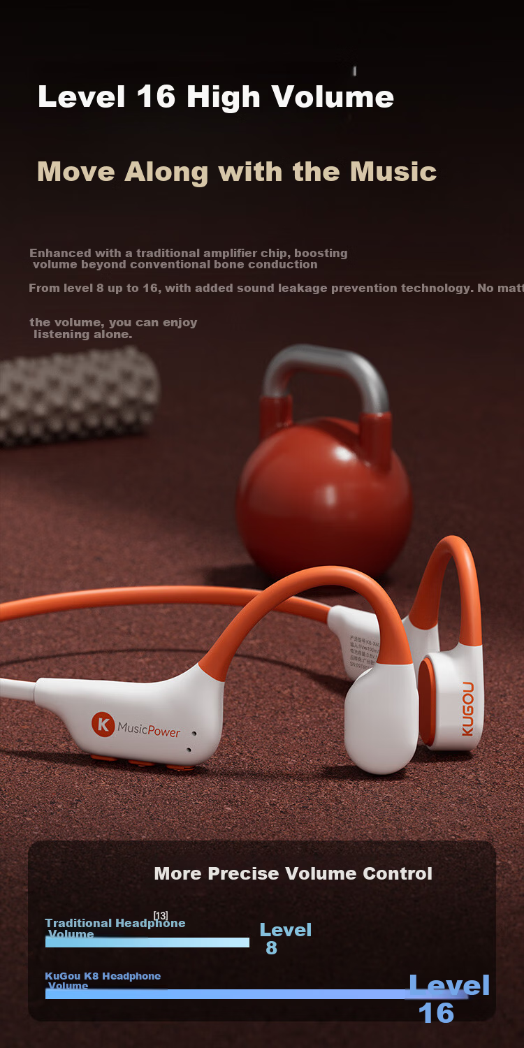 KUGOU K8 Waterproof Level 8 & Volume Level 16 Bone Conduction Bluetooth Earphones Open-Ear Music Swimming Sports Running Cycling Long Battery Life Underwater MP3 Memory No Card Needed 8