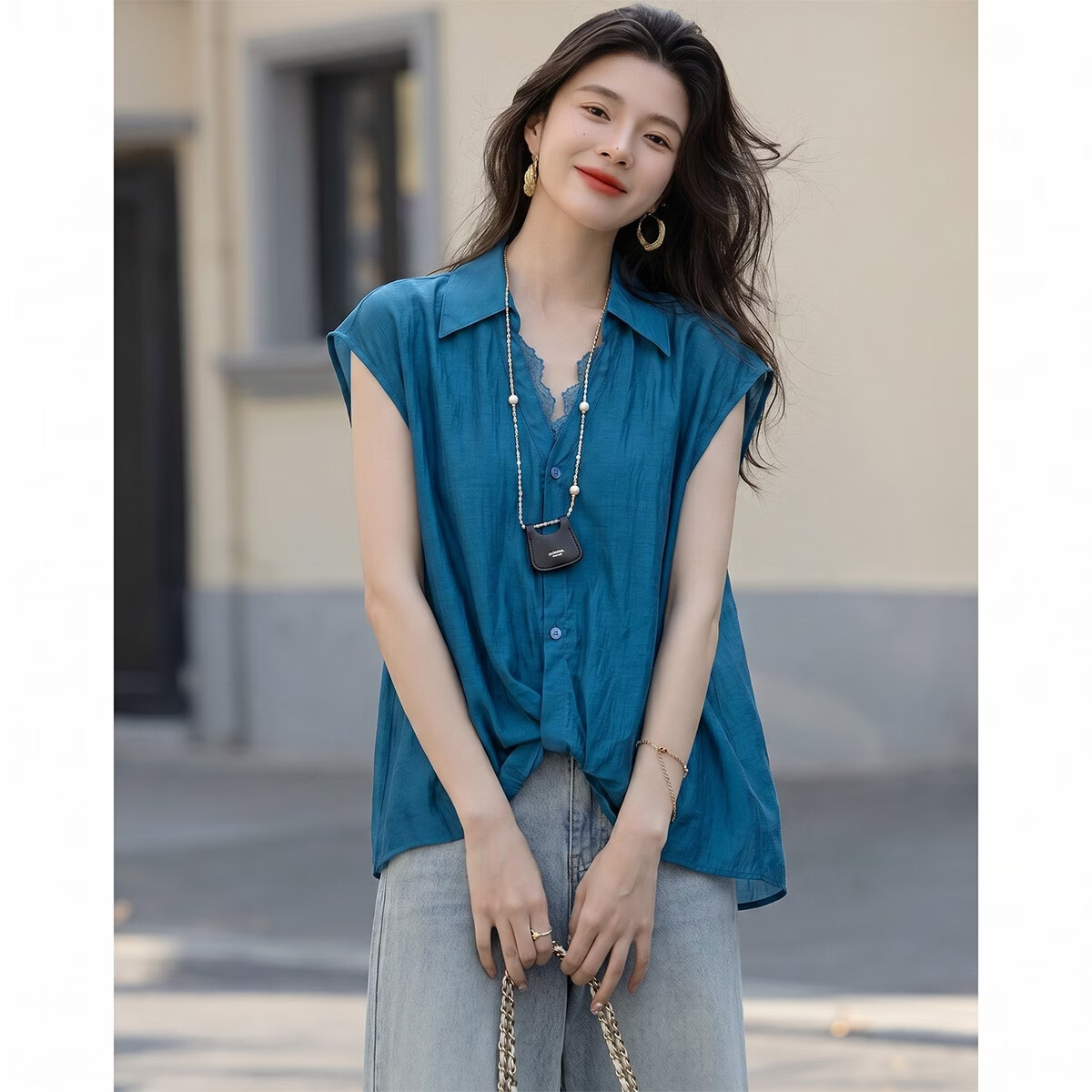 Demana [Breathable Tencel] Summer Lace Splice Turn-down Collar Knot Hem Lightweight Loose Shirt for Women Premium Quality