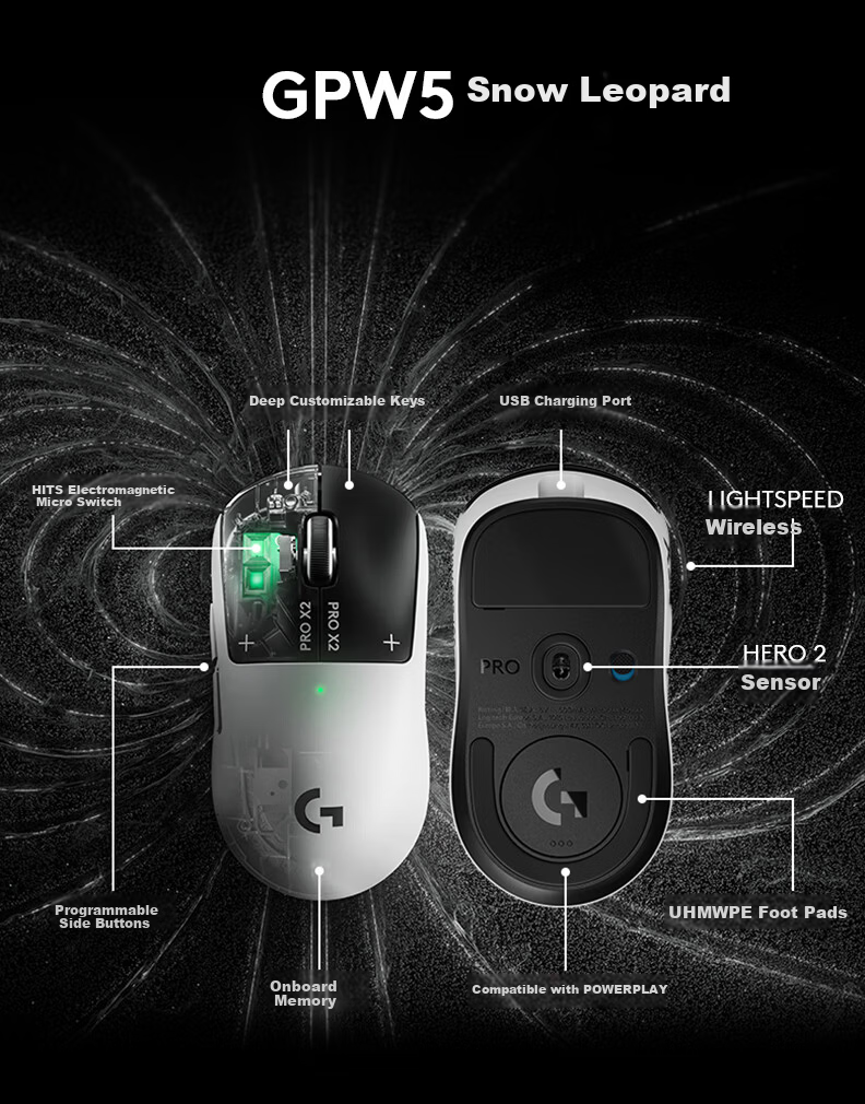 G gpw5 Snow Leopard Wireless Gaming Mouse, HITS Electromagnetic Micro Switch, Lightweight Design E-Sports Mouse, FPS Professional Gaming Configuration, Dawa, Jiangdong 8