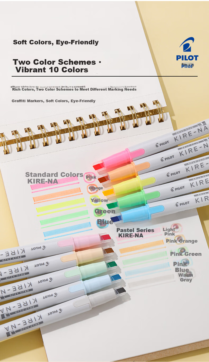 PILOT KIRE-NA Dual-Ended Highlighter Marker Non-Bleeding Colored Fluorescent Pen for Students Pink Orange 9