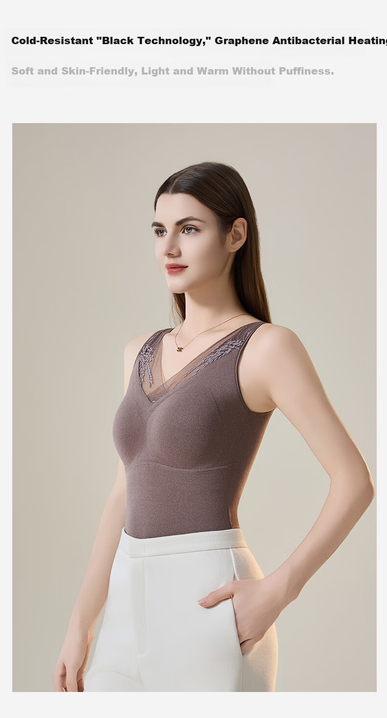 GUJIN Women's Thermal Vest Lace Base Layer with Chest Pad Warm Underwear Top Coffee Color XL 2