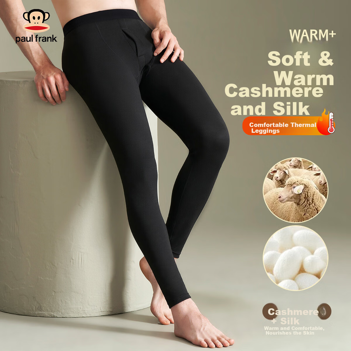 Paul Frank Men's Cashmere Silk Seamless Thermal Pants Autumn Winter Comfortable Fleece-Lined Warm Cashmere Base Layer Pants