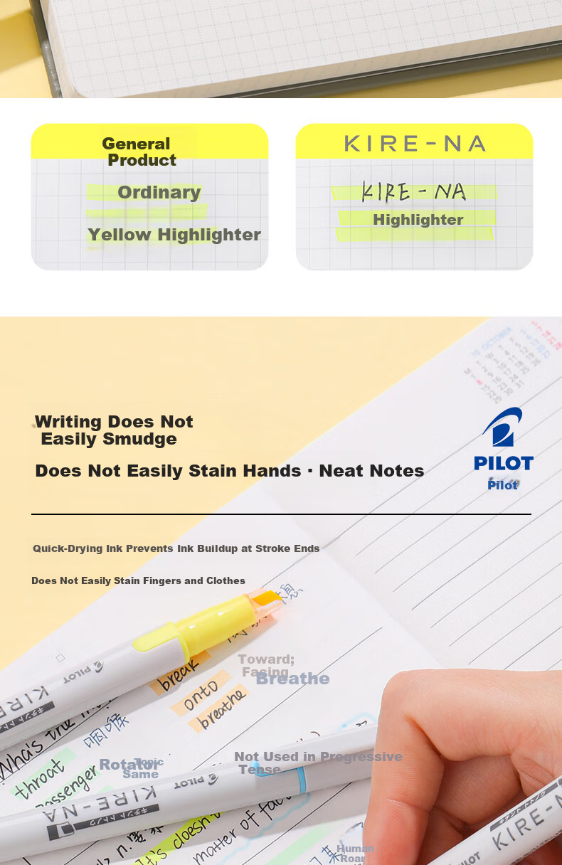 PILOT KIRE-NA Dual-Ended Highlighter Marker Non-Bleeding Colored Fluorescent Pen for Students Pink Orange 8