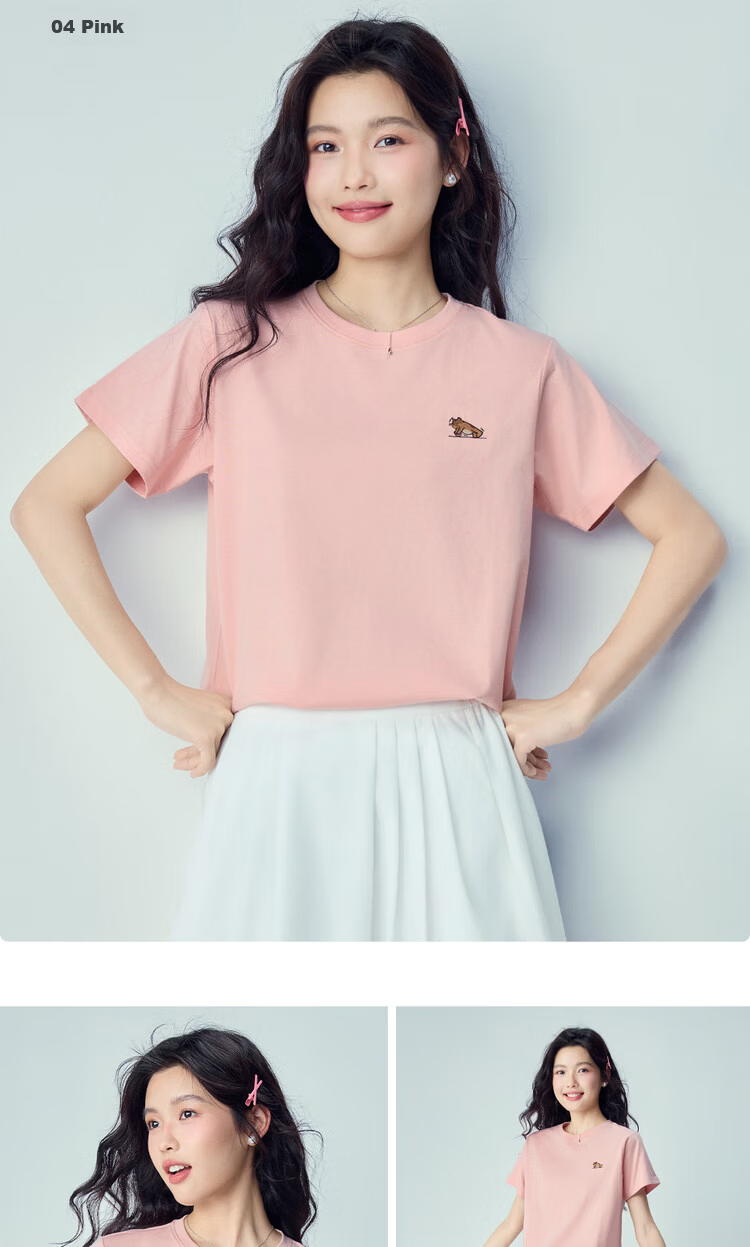 Giordano Women's Short Sleeve T-Shirt 2026 Summer New Pure Cotton Fun Cat Embroidery Crew Neck Top 13326317 11