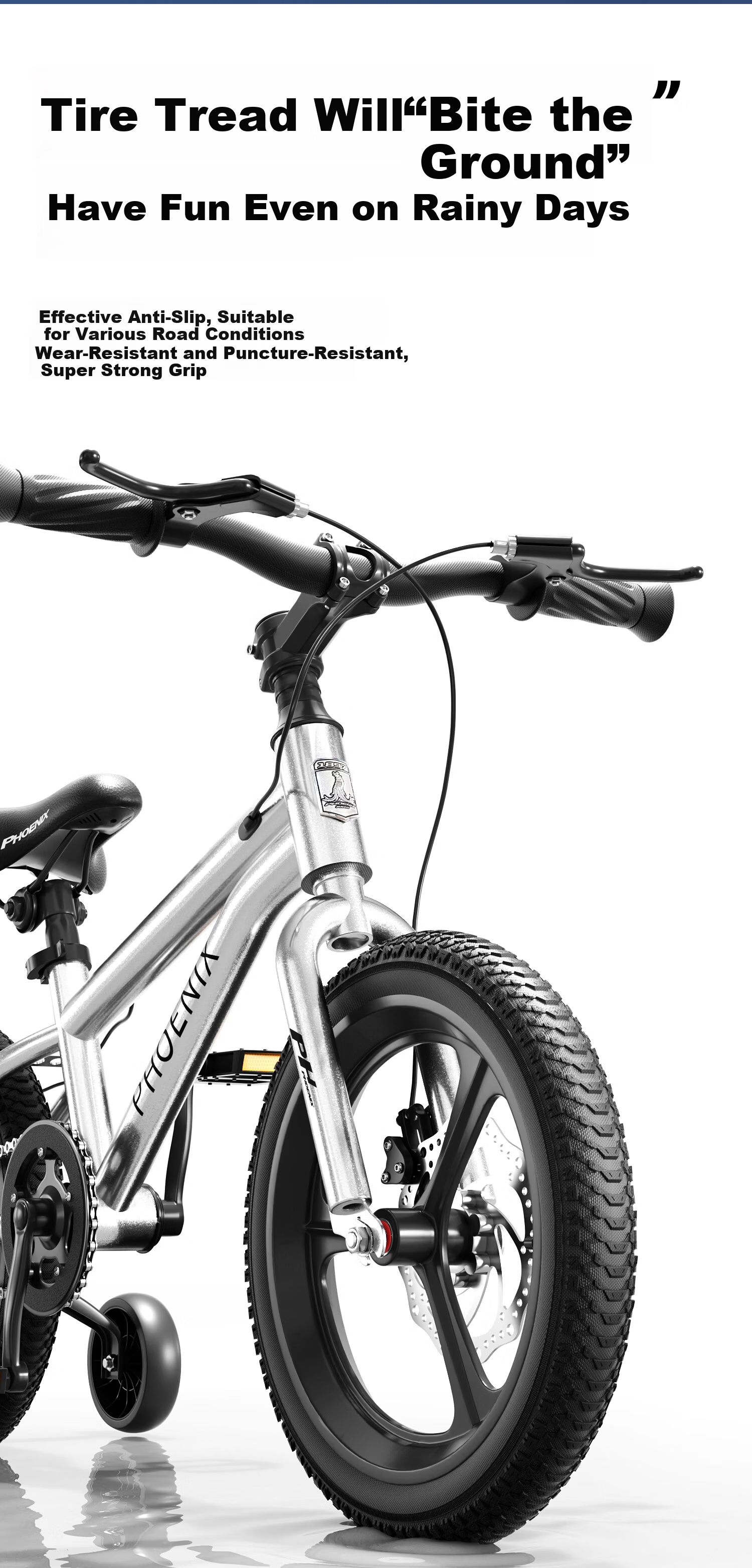 Phoenix Children's Bicycle Baby Pedal Bike 3-8-15 Years Old Kids Bike Dual Disc Brakes with Training Wheels 14 Inch Silver 8