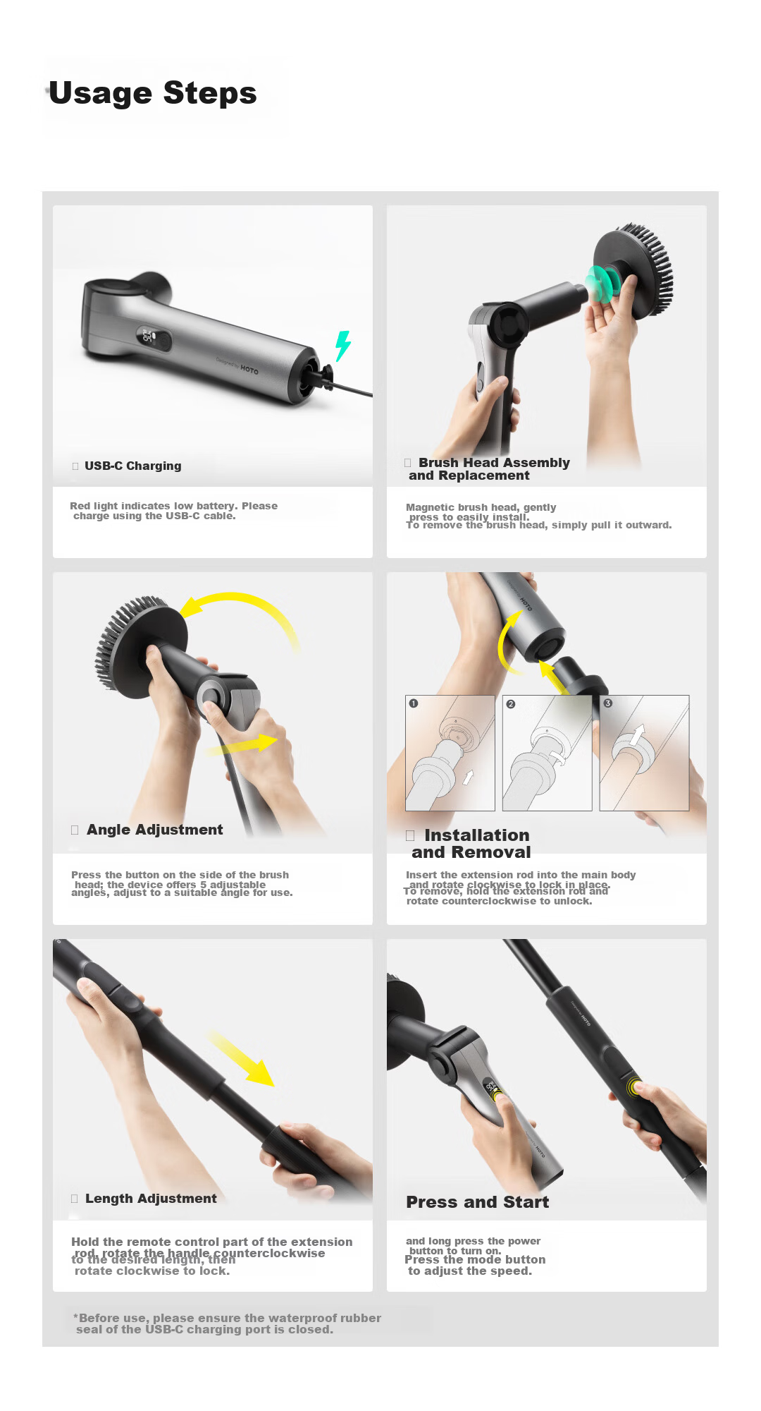 HOTOHOTO Max Whole-House Electric Cleaning Brush Smart Home Waterproof Body Stepless Adjustment Magnetic Head Gift 15