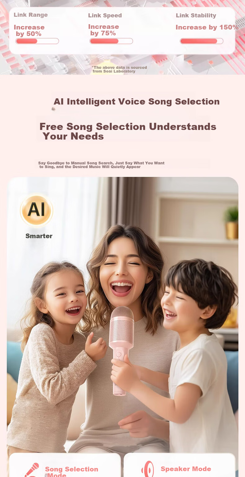 Soaiy Microphone Speaker All-In Wireless Bluetooth Karaoke TV Children's Birthday Gift Portable Handheld Karaoke Microphone for Home Use MC8MAX Pink 6