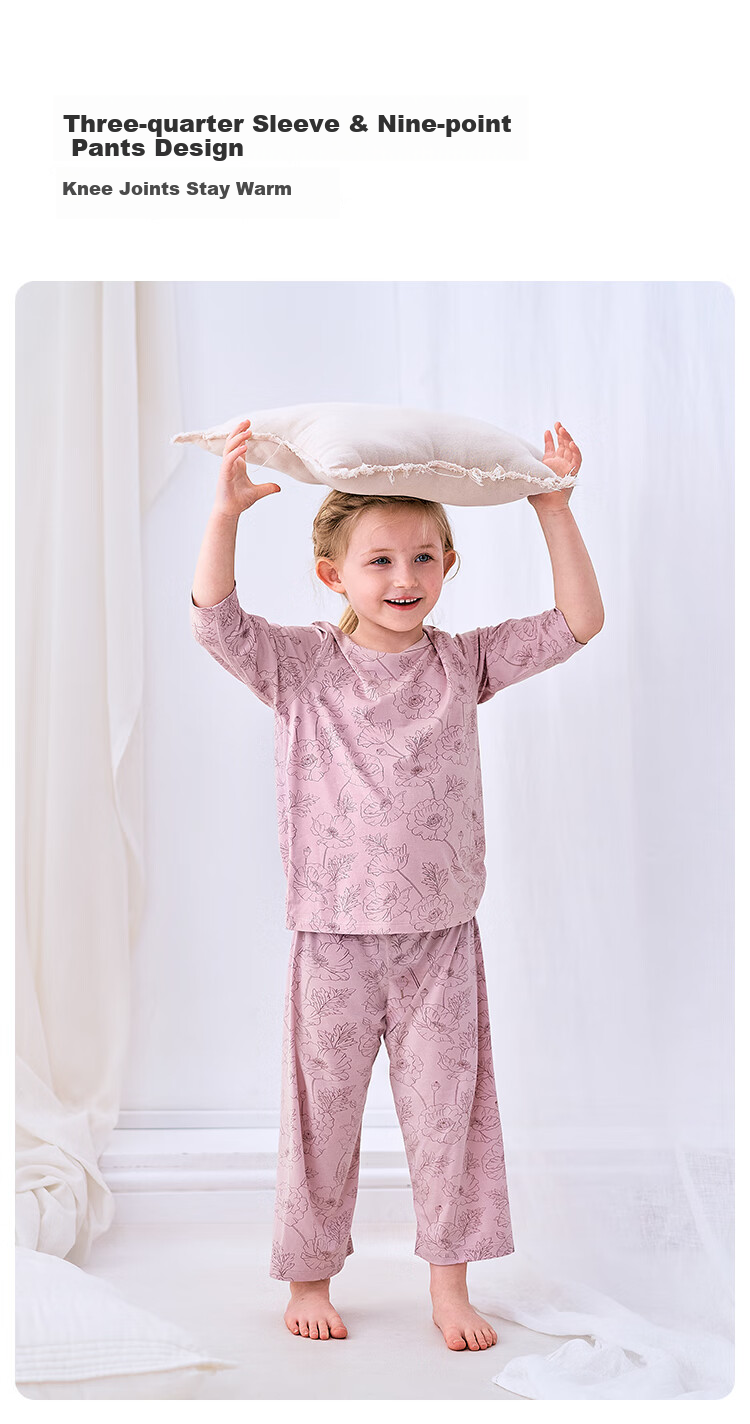 Junejunior [babylove Sub-brand] Girls' Summer Round Neck 3/4 Sleeve Pajama Set Air Conditioning Homewear 6