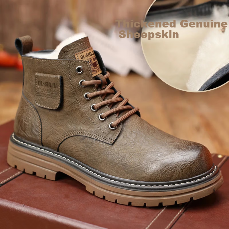 Qunlang Shijia Genuine Leather Martin Boots Men Winter Thick Sole British Retro Fashion Work Boots Fleece Lined Shoes
