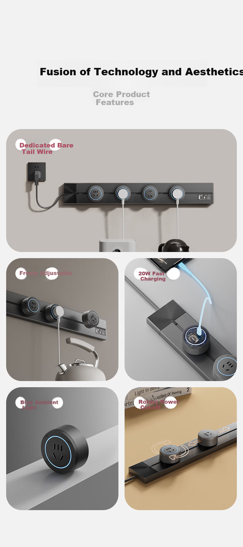 CHIGO Track Socket with Cable Kitchen Bedroom Surface Mounted Portable Power Track Extension Socket Board Wall-mounted Rail Socket 80cm Track + 4 Five-hole Outlets Black 3
