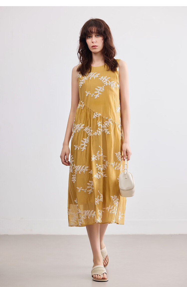 Demana [Lycra Breath Poem] Summer Vacation Style 3D Embroidered Sleeveless Patchwork Elegant Mid-Length Dress for Women 15