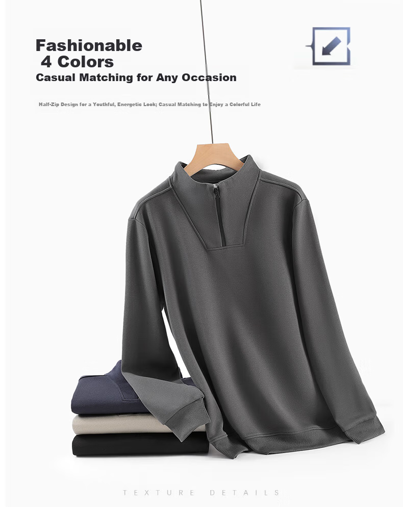 ROMON Half-Zip Sweatshirt Men Spring Business Casual Stand Collar Long Sleeve Base Shirt Middle-Aged and Young Turn-Down Collar Jacket Trendy Size L 5