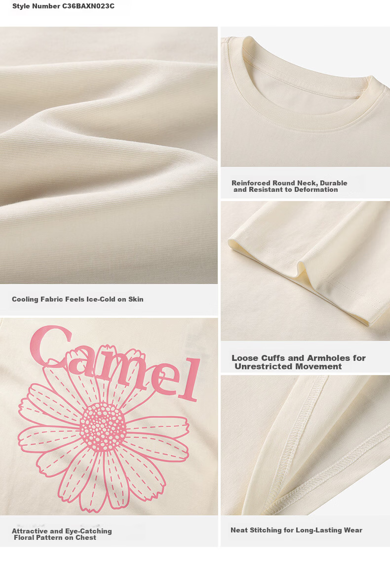 CAMEL Ice Skin T-Shirt Little Daisy Short Sleeve Cotton Loose Casual Top C36BAXLN023C Light Heather Gray XL 11