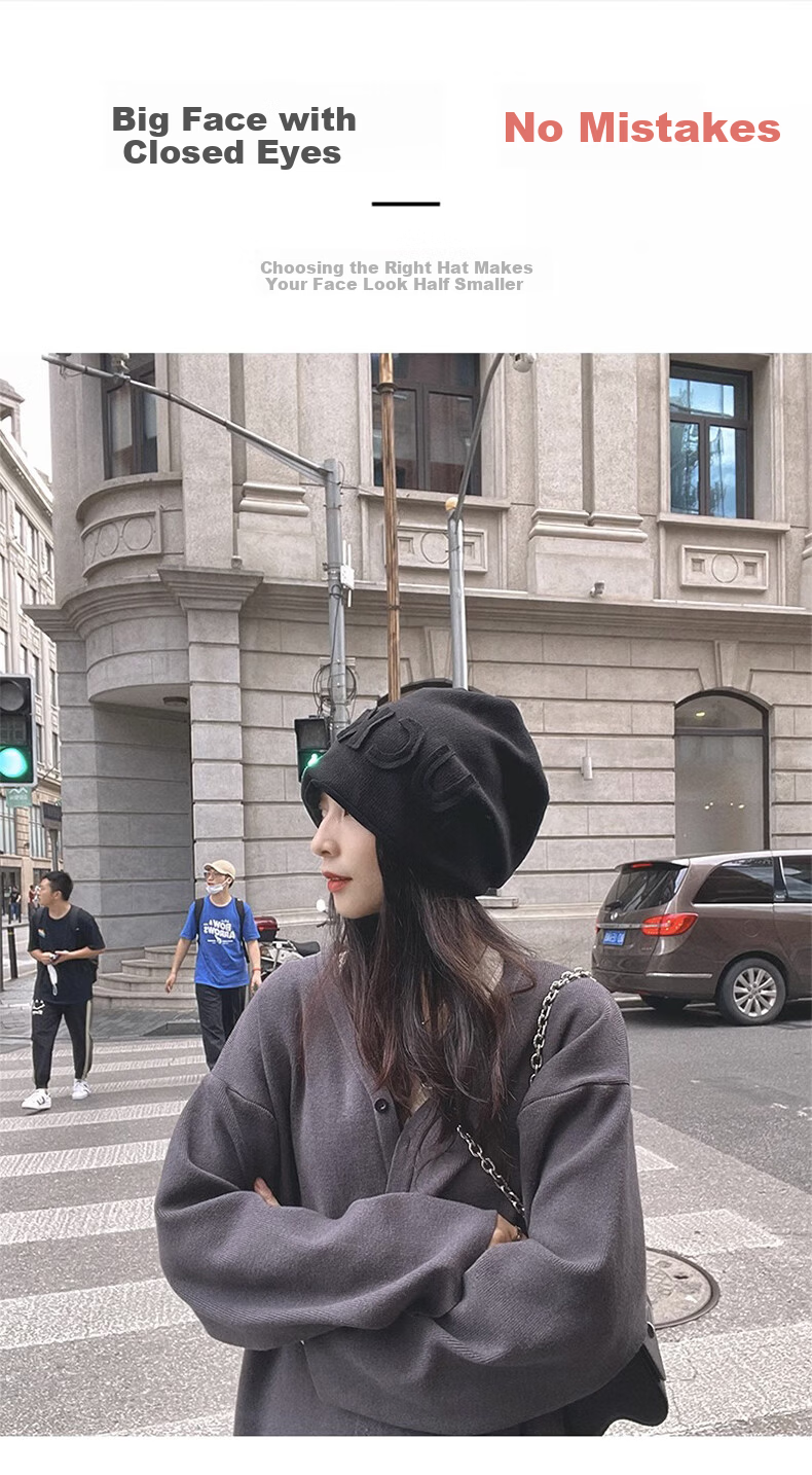 Xueqiman Women's Autumn Winter Japanese Style Thickened Warm Knitted Letter Beanie Fleece Lined Headwrap Hat 5