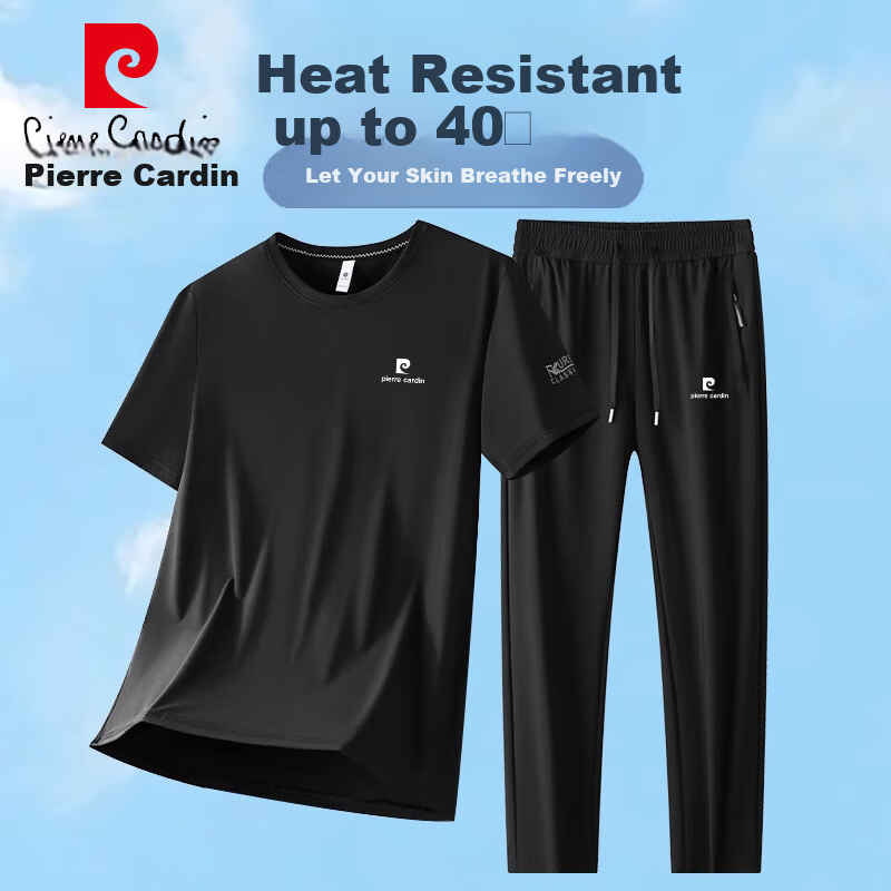 Pierre Cardin Men's Summer Short Sleeve T-Shirt and Shorts Ice Silk Quick-Dry Casual Two-Piece Set Black 2XL
