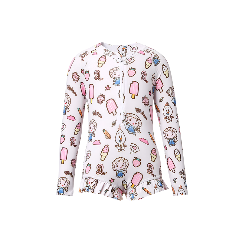 Disney Girls' Long Sleeve One-Piece Swimsuit Sun Protection Sweet Little Princess Swimwear Kids D36629S2F White 120