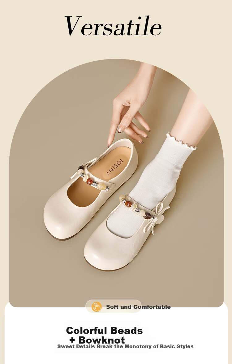 Josiny French Mary Jane Women's Shoes Internal Height Increase 2026 Spring New Flat Beaded Skirt Matching Low-Cut Single Shoes Off-White 35 3