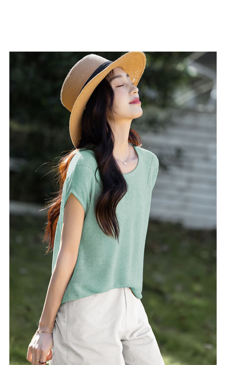Demana [With Linen Lyocell] Summer Minimalist Round Neck Raglan Short Sleeve Buttoned Slim Knit Top for Women Premium Feel 24