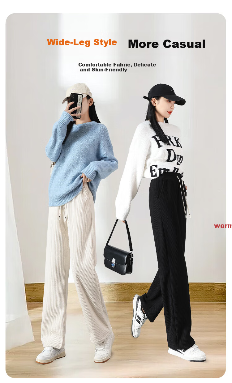 FitonTon Corduroy Wide-Leg Pants for Women 2026 Spring Autumn High Waist Slimming Loose Straight Casual Trousers 2