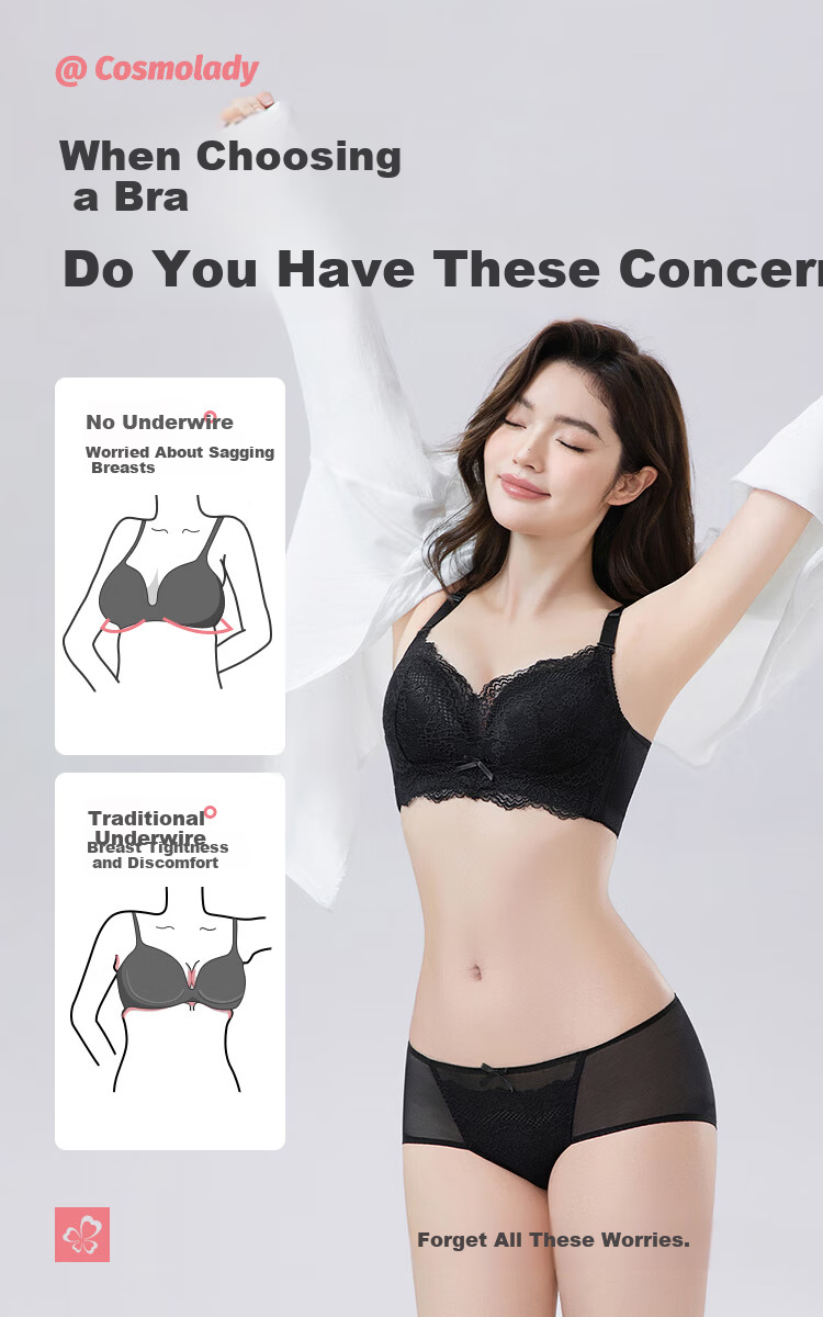 Urban Beauty Women's Close-Fitting Wireless Breathable Patent Side-Push Gathered Lace Sexy Bra Set 2B25W2 3