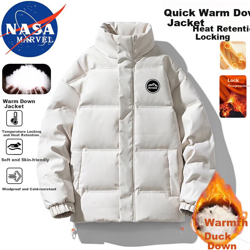 NASA MARVEL Men's Winter Down Jacket Thickened Warm Puffer Coat Stand Collar Casual Couple Black L