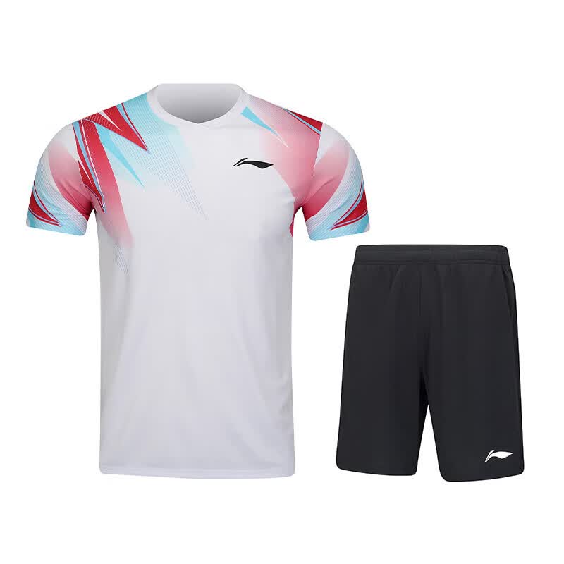 LI-NING Unisex Badminton Short Sleeve Set Club Competition Training Breathable Quick-Dry T-Shirt and Shorts Sportswear 1