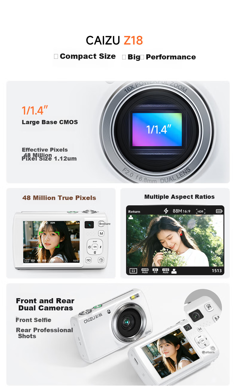 CAIZU 1/1.4 Inch Large Sensor Z18 Digital Camera 88MP Dual Camera Selfie 8K Video Professional CCD Compact Camera No Memory Card 6