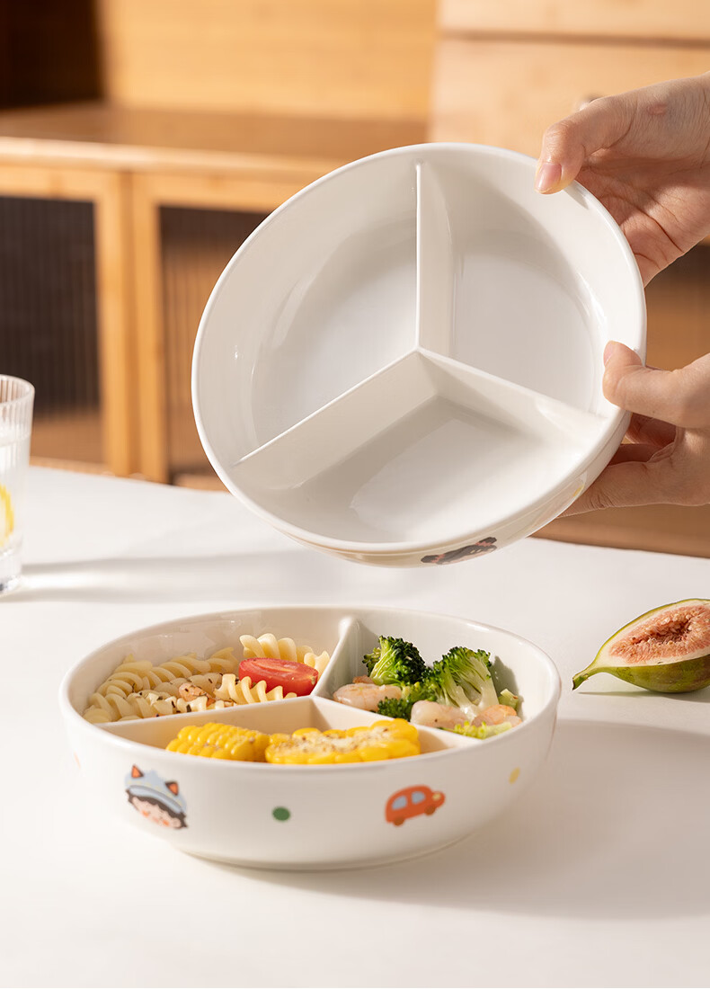 Newair Cute Three-Compartment Ceramic Baby Food Steamer Plate for Rice Cooker Round Stir-Fry Bowl Divider 12