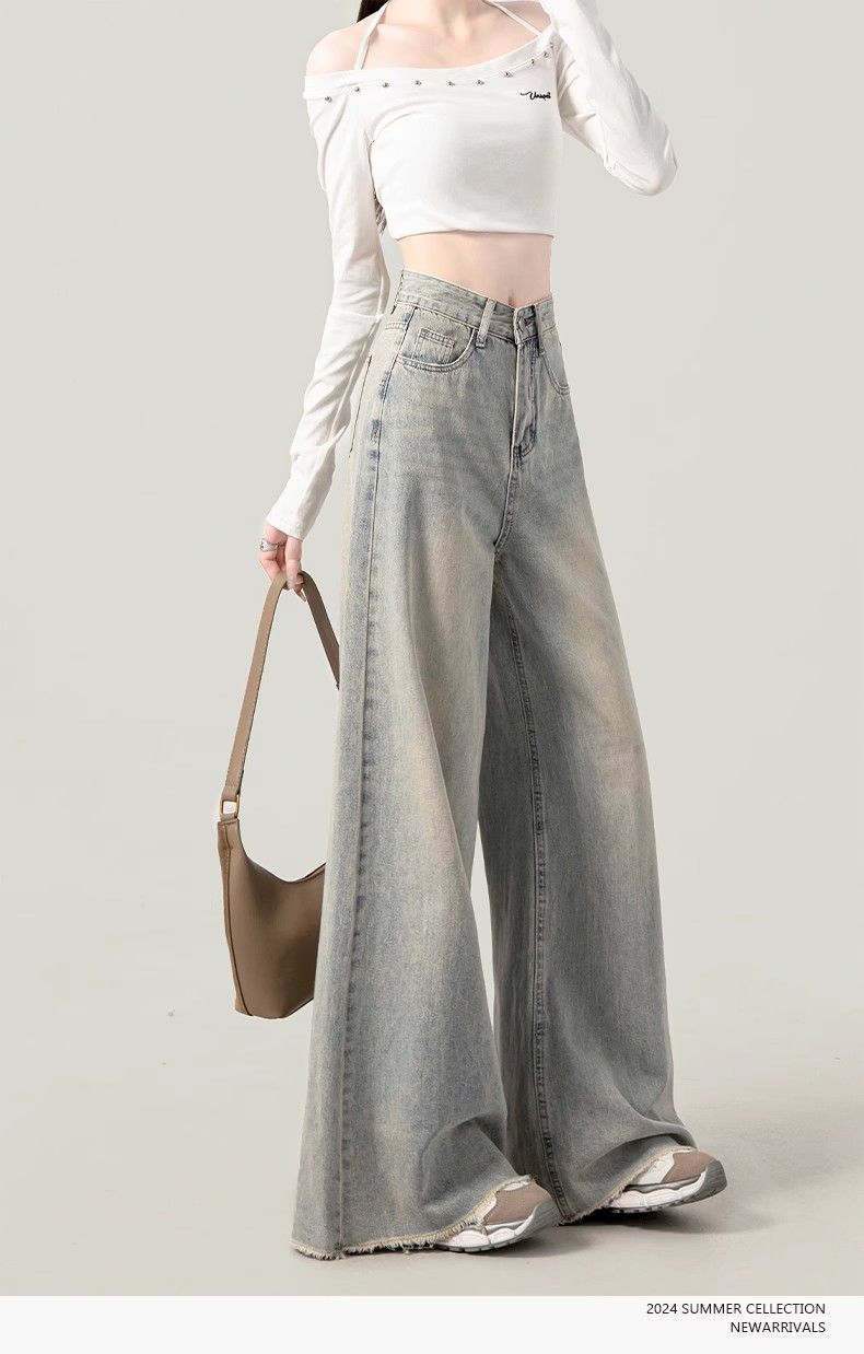 Jeanswest Women's Jeans 2026 Vintage Washed Straight High Waist Loose Distressed Raw Hem Wide Leg Pants Nostalgic Blue L 6