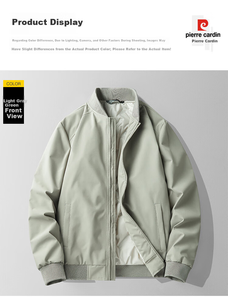 Pierre Cardin Lightweight Down Jacket Men Autumn Winter Trendy Baseball Collar Coat Men's Warm Jacket Light Gray Green 3XL 4