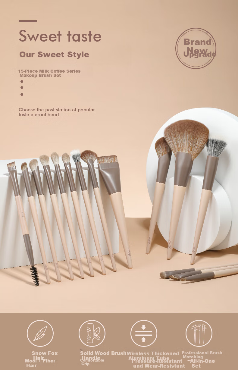 MSQ 15-Piece Milk Coffee Upgraded Animal Hair Professional Makeup Brush Set Loose Powder Brush Foundation Brush Eyeshadow Brush Holiday Gift 1