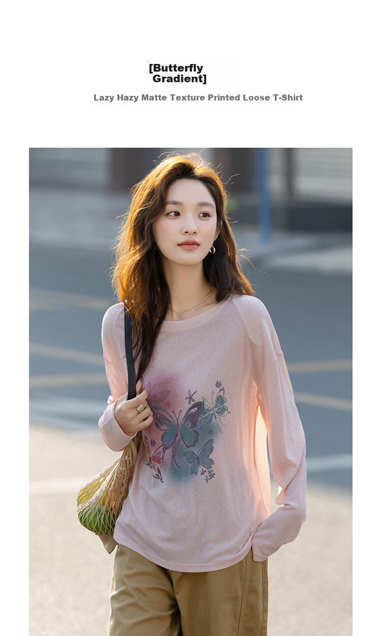 Demana Butterfly Gradient Summer Lazy Hazy Matte Texture Printed Loose Slimming Conceal T-Shirt for Women Premium Feel 1