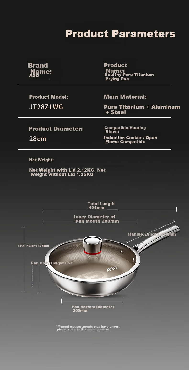 ASD 28cm Pure Titanium Non-Stick Frying Pan with Fluorine-Free Coating for Eggs, Steak, and Stir-Fry Compatible with Induction and Gas Stoves Z1 20