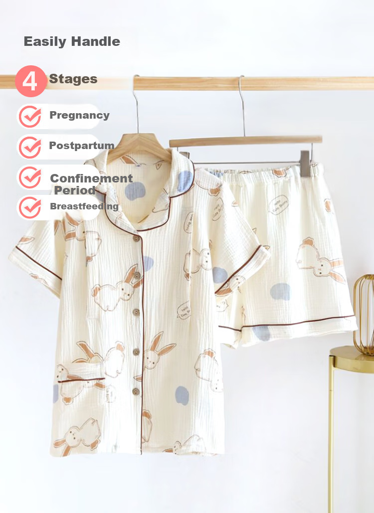 9I9 Maternity Postpartum Summer Pure Cotton Short-Sleeve Shorts Nursing Gown, Muslin Pajamas, Postpartum Feeding Outfit Set A71L 3